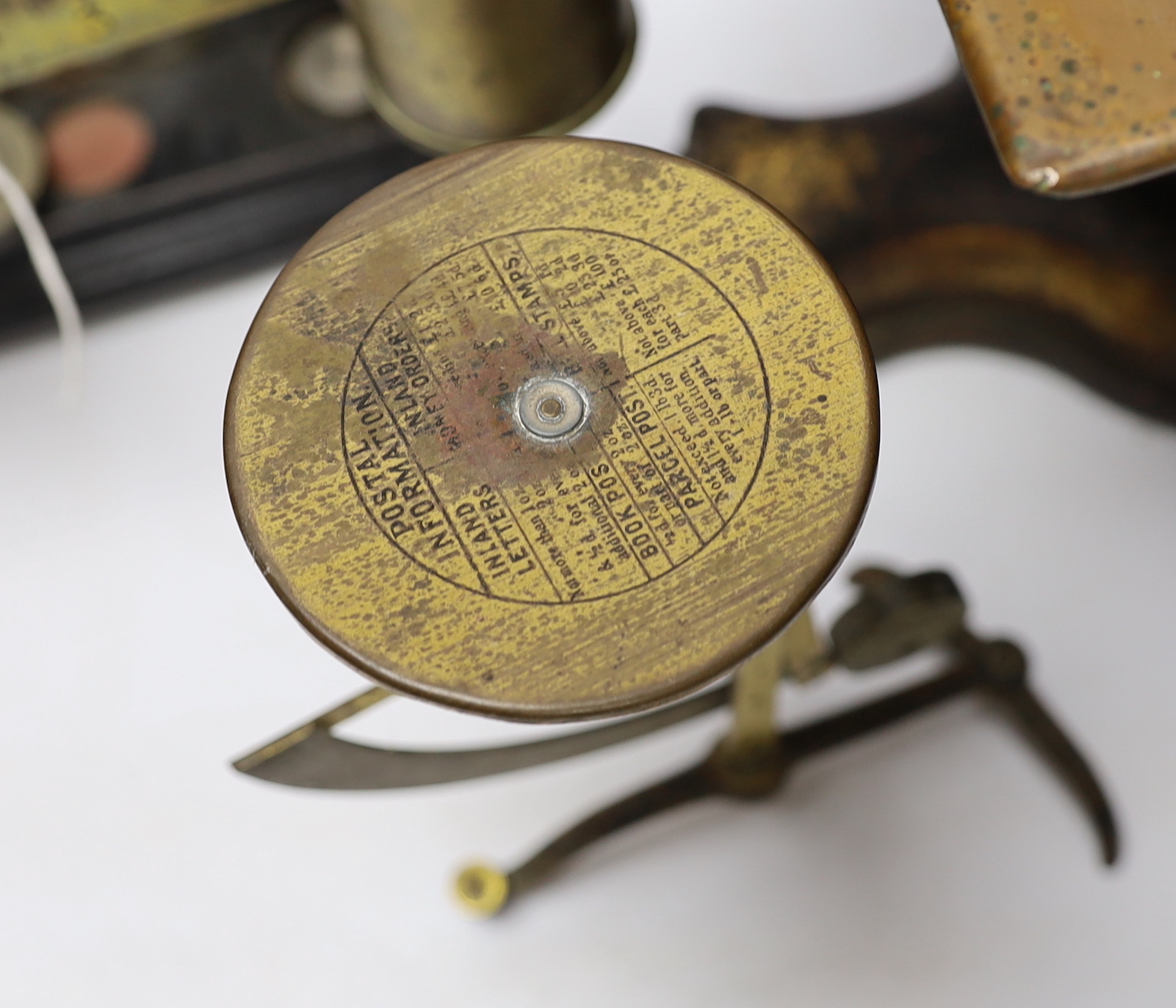 Five various postal scales, largest 55cm wide